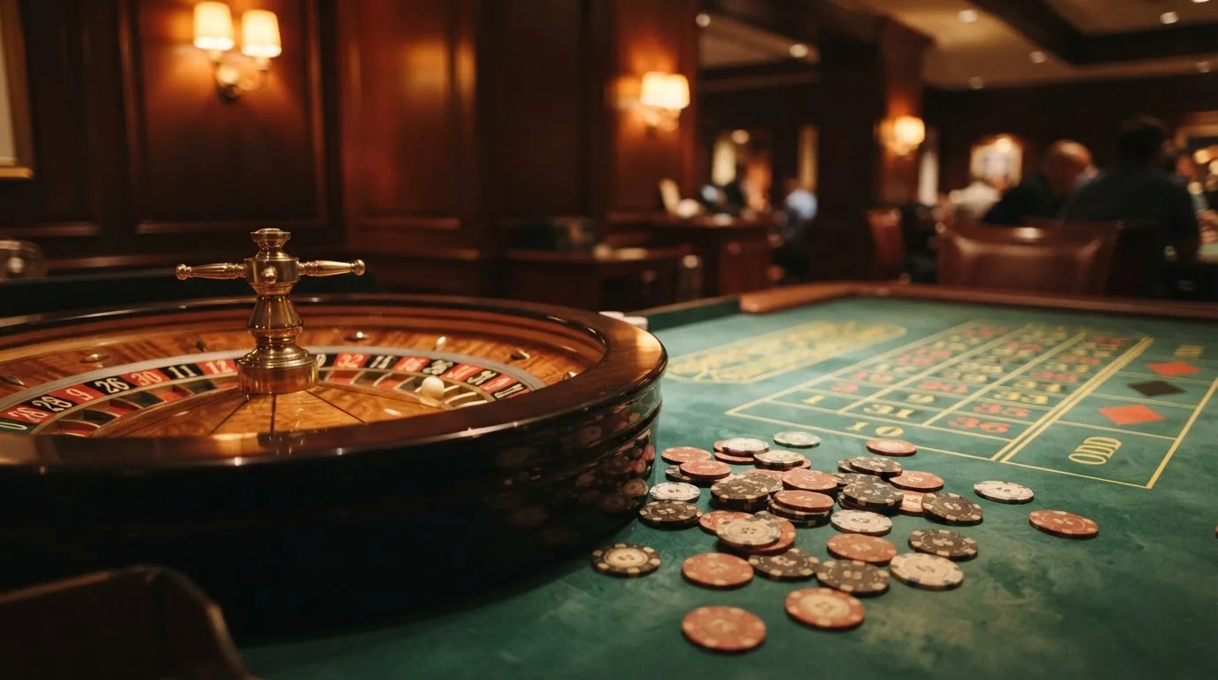 Roulettehjul og spillemærker på grønt filt i varmt aftenlys — anmeldelser af casinoer