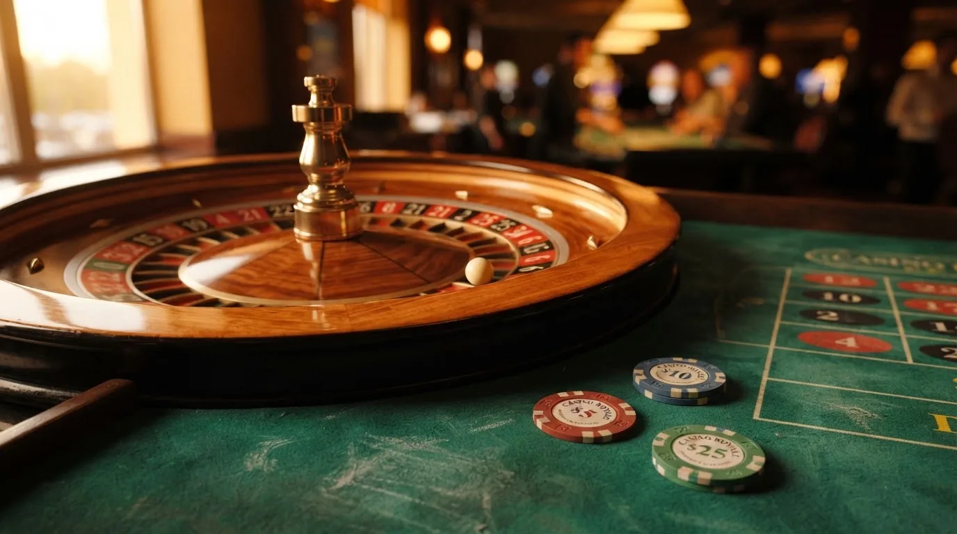 Roulettehjul og spillemærker på grønt filt i varmt aftenlys — bedste blackjack casinoer
