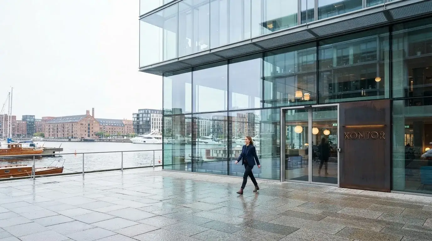 En moderne kontorbygning med glasfacade ved Københavns havn i klart dagslys, med en medarbejder i blazer, der går forbi.