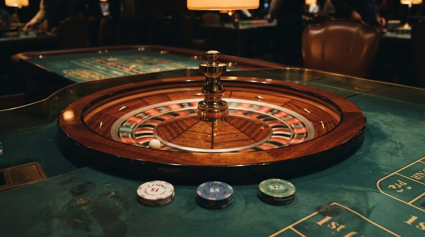 Roulettehjul og spillemærker på grønt filt i varmt aftenlys — bedste danske casino bonusser