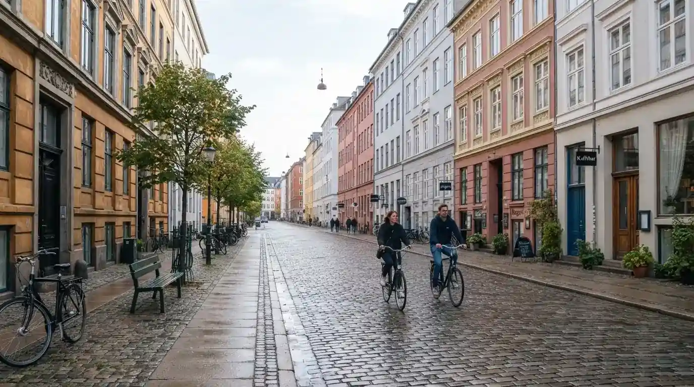 Københavnsk gade med klassiske bygninger og cyklister i klart vejr, set fra fortovet.