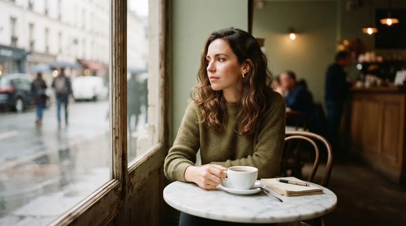 Kvinde sidder på en café med en kop te og kigger tænksomt ud ad vinduet i blødt dagslys.