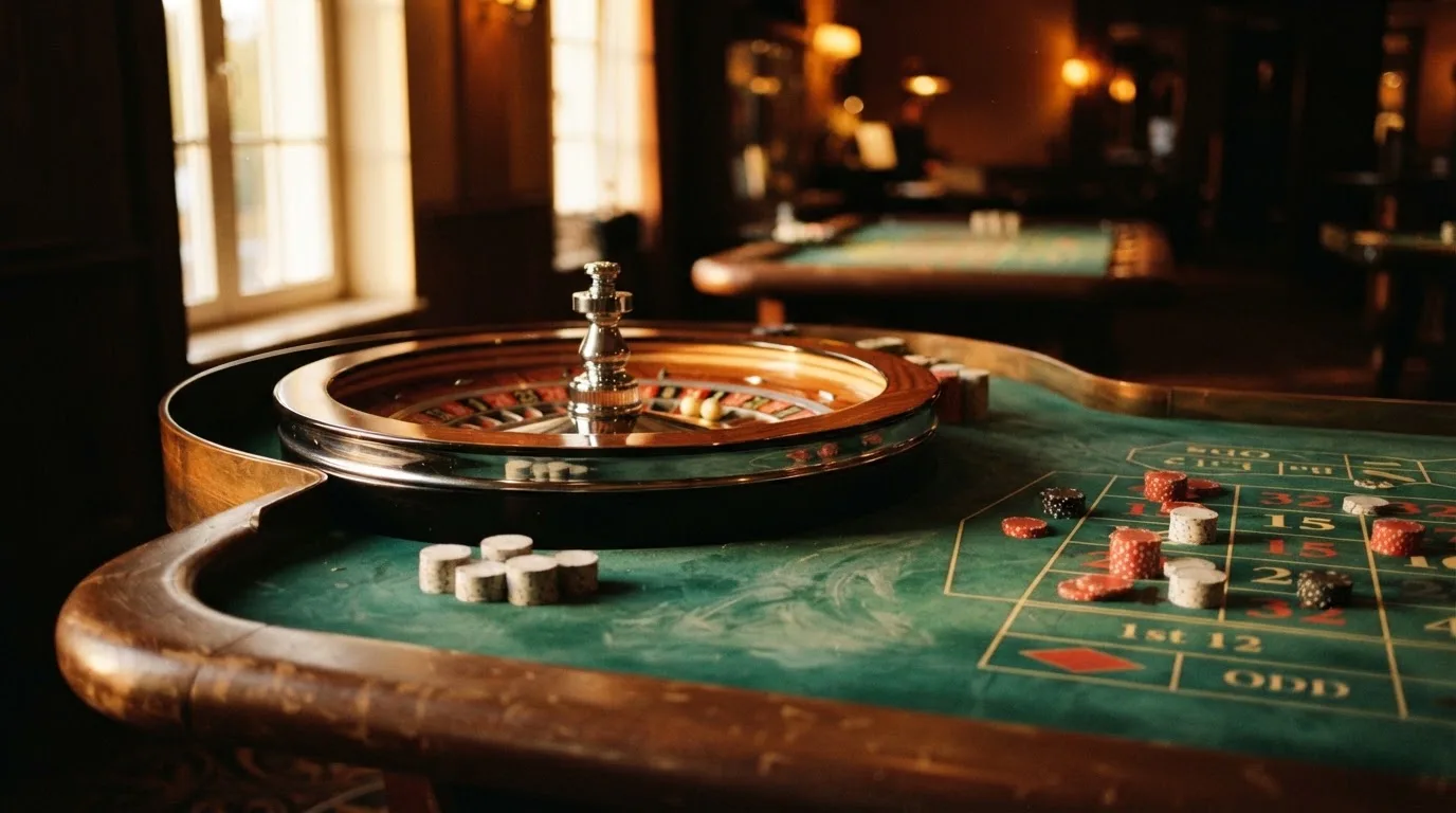 Roulettehjul og spillemærker på grønt filt i varmt aftenlys — bedste roulette casinoer