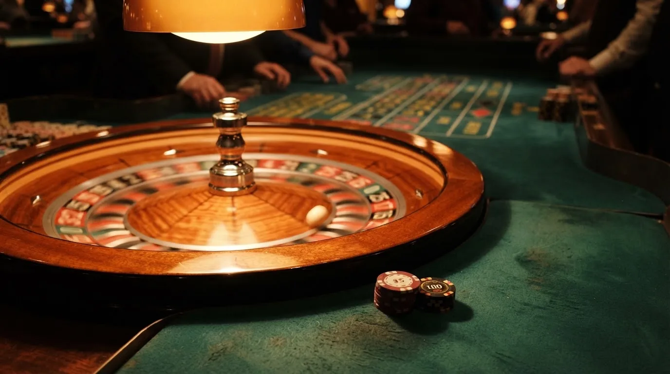 Roulettehjul og spillemærker på grønt filt i varmt aftenlys — bedste slots casinoer