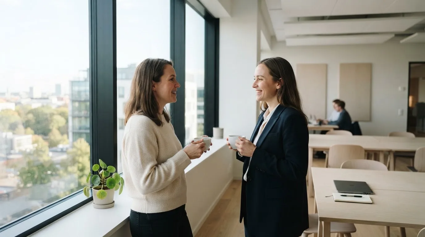 To medarbejdere står ved et stort vindue i et lyst kontor i København og taler sammen med kaffekopper i hænderne.