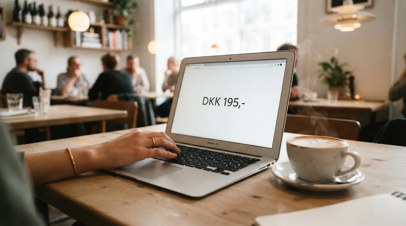 Et par hænder skriver på en laptop i en kafé med en kop cappuccino ved siden af, set fra siden i varmt lys.