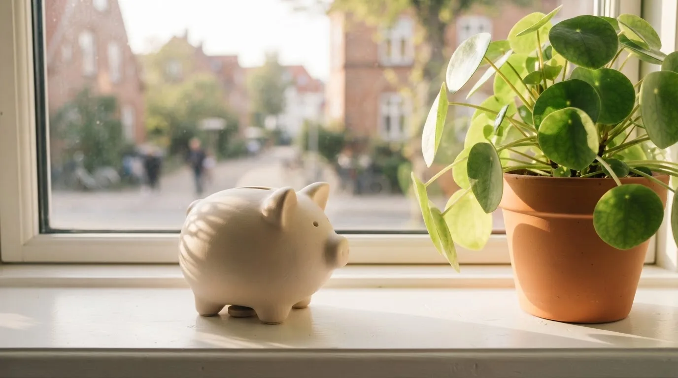 En lille sparegris af keramik står på en vindueskarm ved siden af en grøn plante i blødt morgenlys.