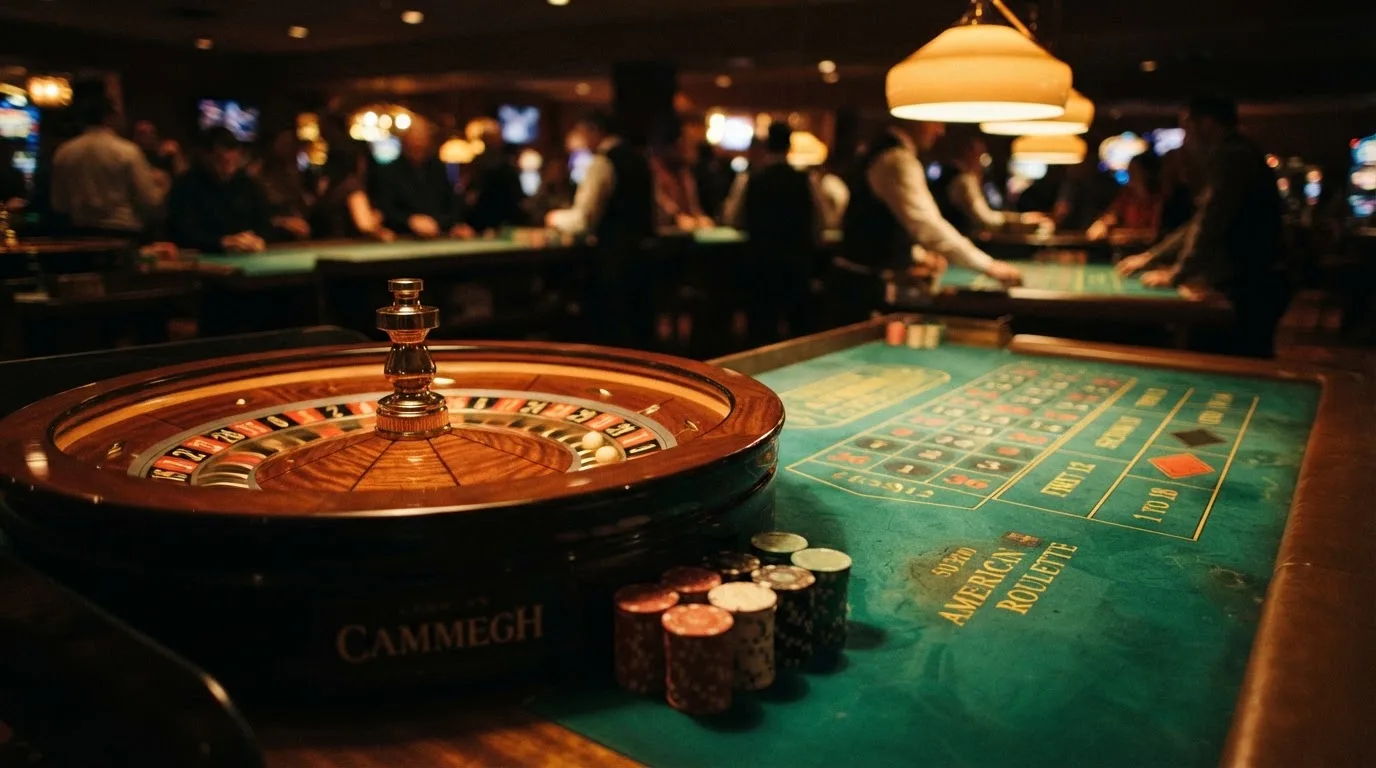 Roulettehjul og spillemærker på grønt filt i varmt aftenlys — casino bonus til eksisterende kunder