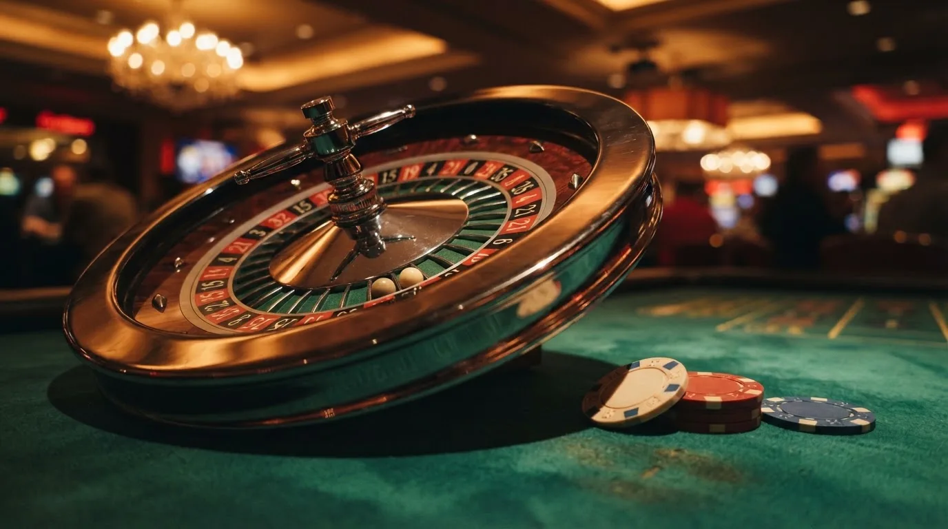 Roulettehjul og spillemærker på grønt filt i varmt aftenlys — casino bonus uden indskud dk