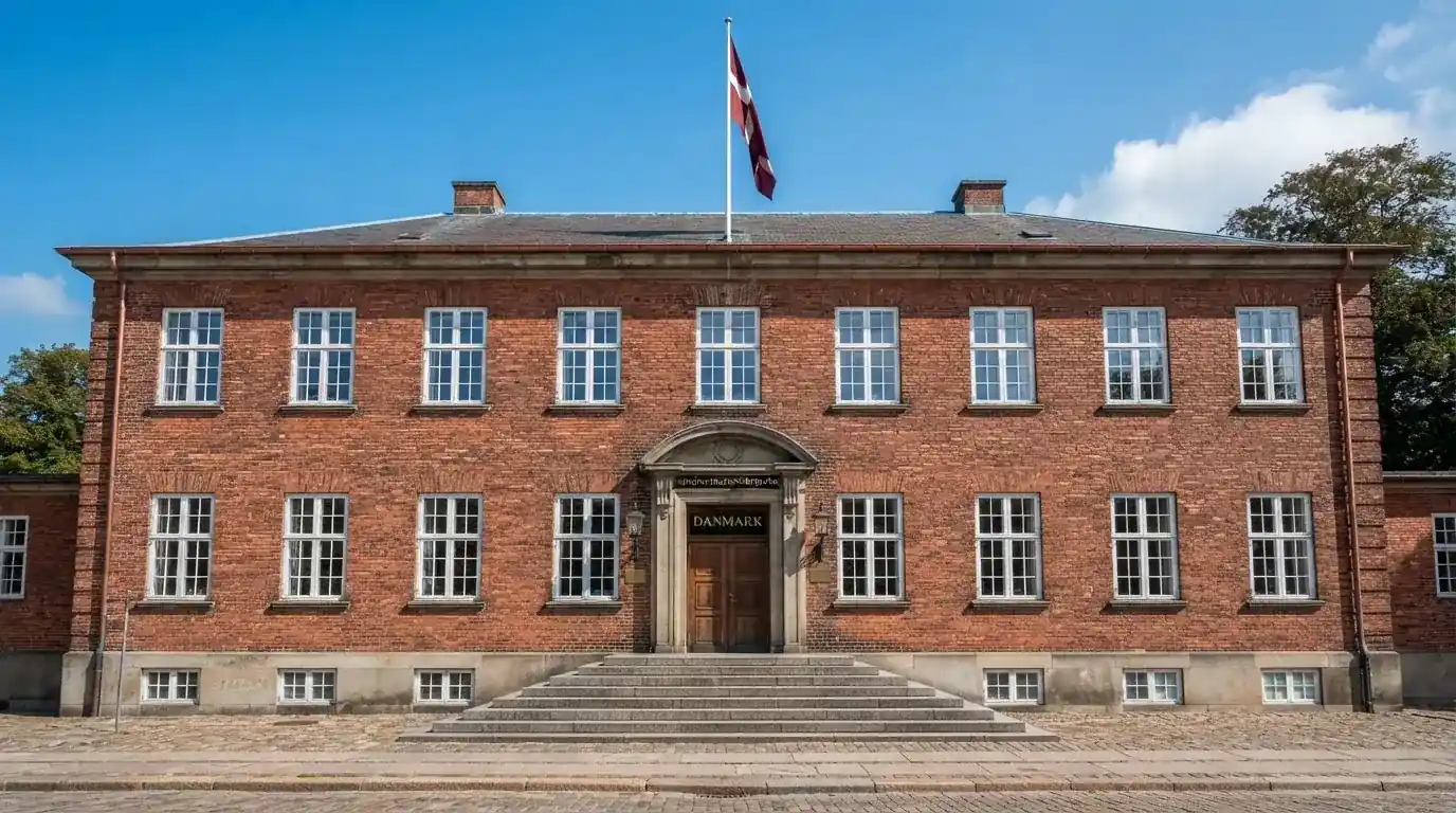 Facade af en klassisk dansk administrationsbygning i røde mursten med flagstang under blå himmel, uden personer.