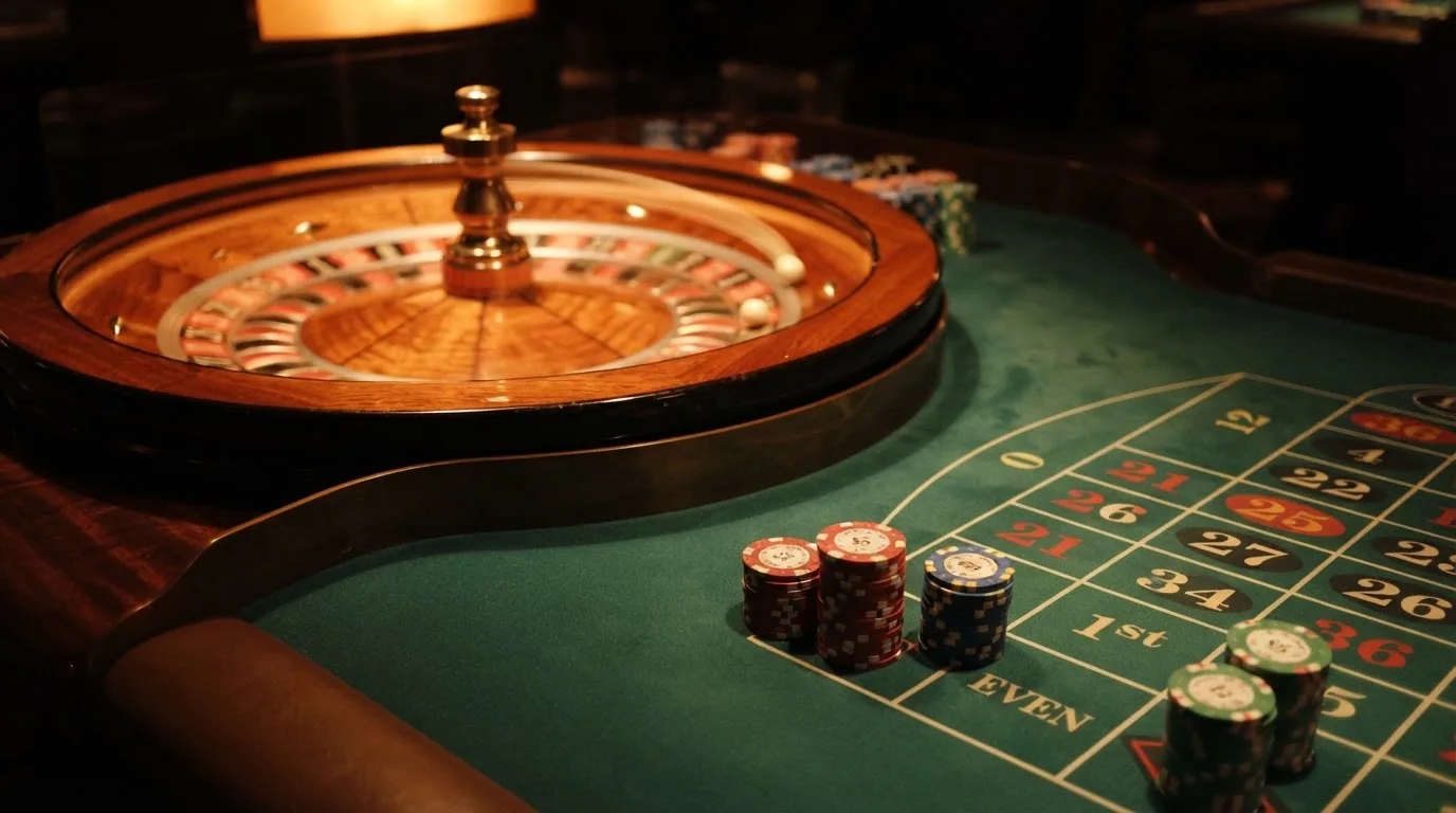 Roulettehjul og spillemærker på grønt filt i varmt aftenlys — casino med cardano i danmark
