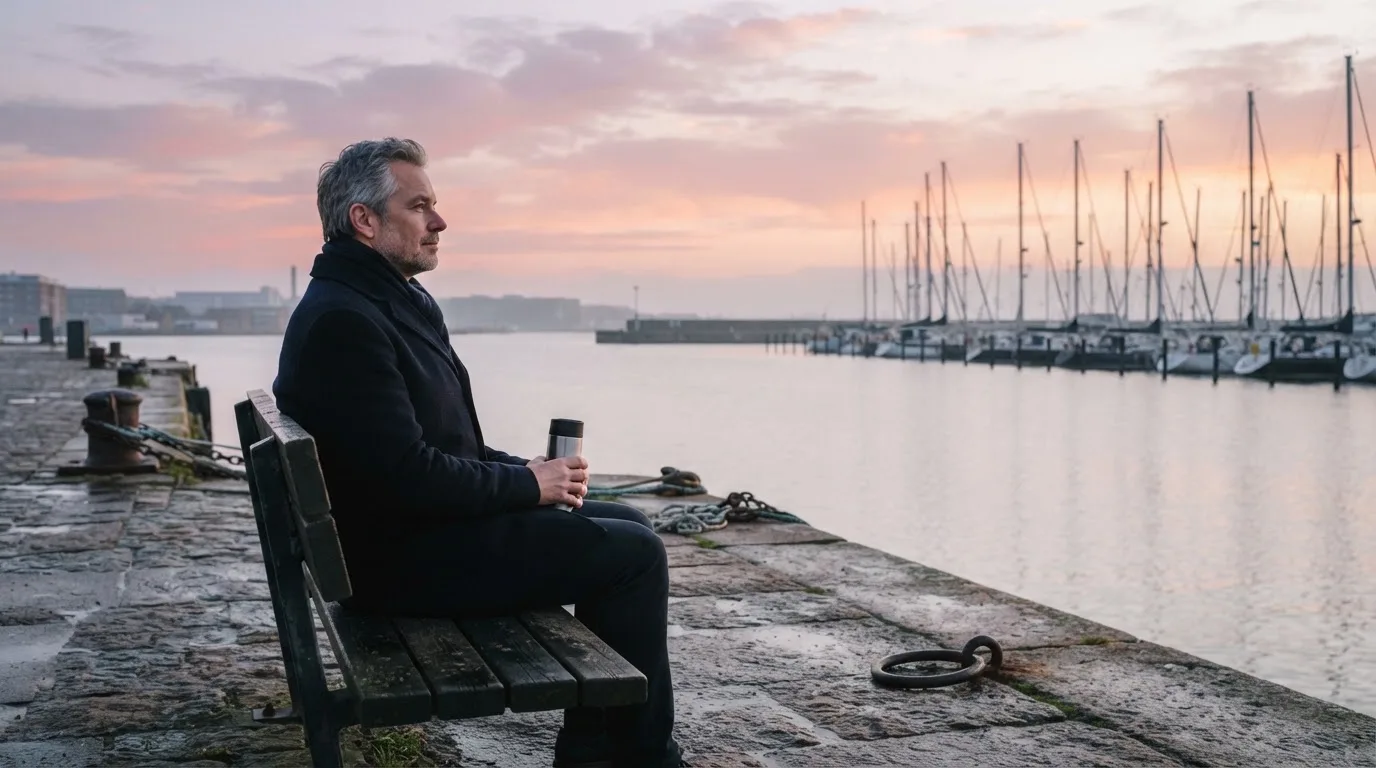 En mand sidder på en bænk ved havnen en tidlig morgen og ser ud over vandet med en termokop i hånden.