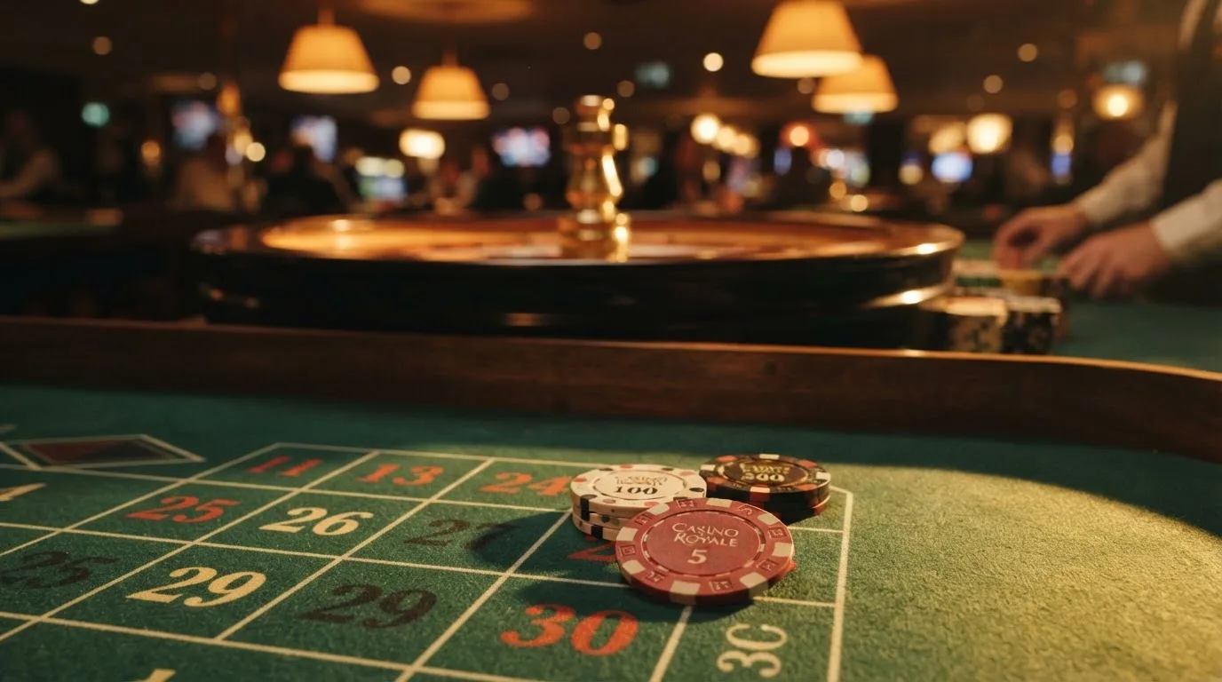 Roulettehjul og spillemærker på grønt filt i varmt aftenlys — casino med dogecoin i danmark