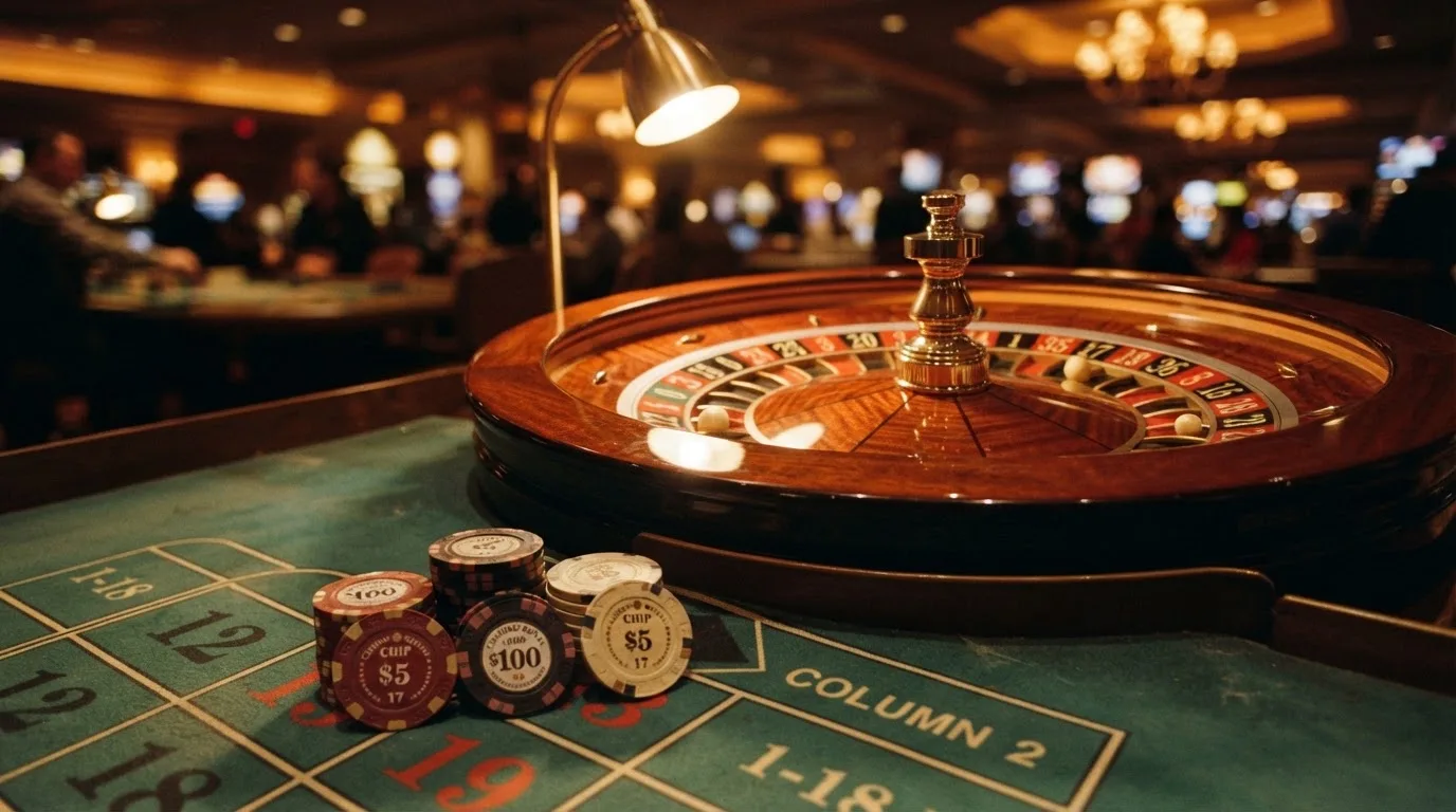 Roulettehjul og spillemærker på grønt filt i varmt aftenlys — casino med högst rtp