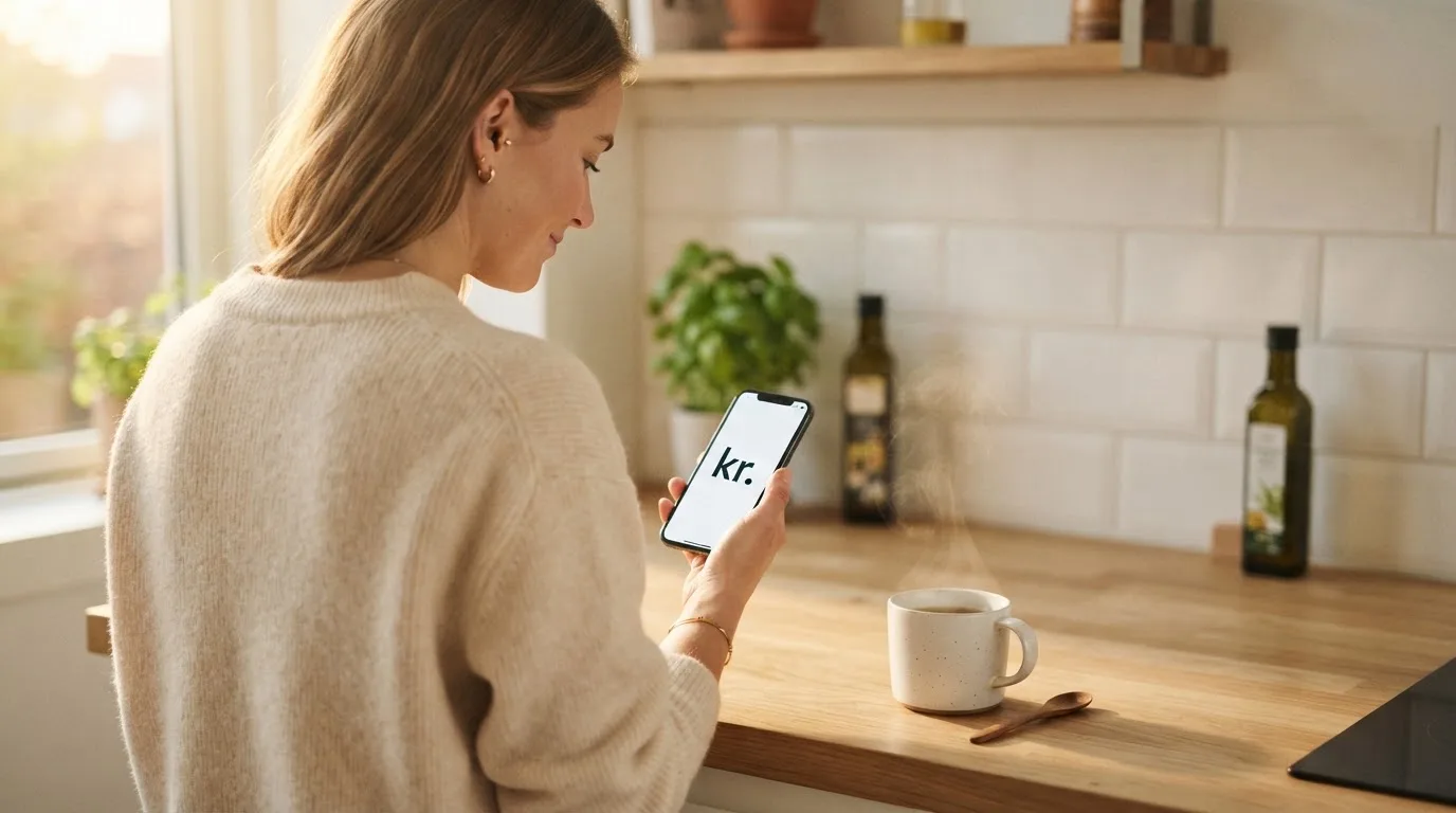 Kvinde smiler og trykker på sin mobil i et dagligt køkkenmiljø med en kop kaffe i morgenlys.