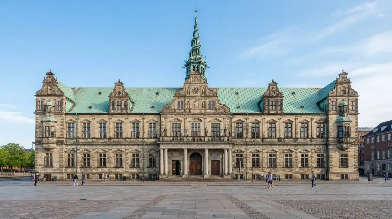 En historisk bygning i København med grøn kobbertag og kolonner i klart dagslys, set fra pladsen foran.