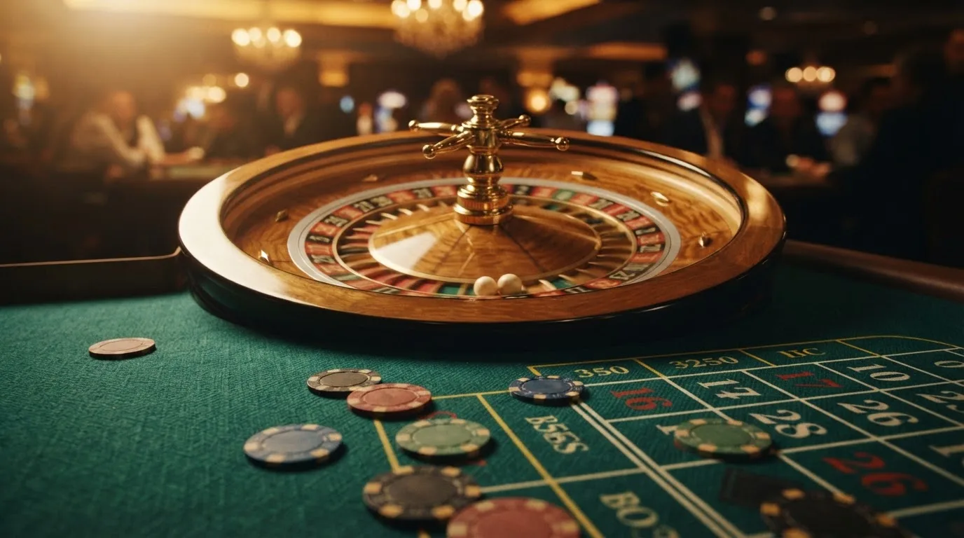Roulettehjul og spillemærker på grønt filt i varmt aftenlys — casino på mobilen i danmark