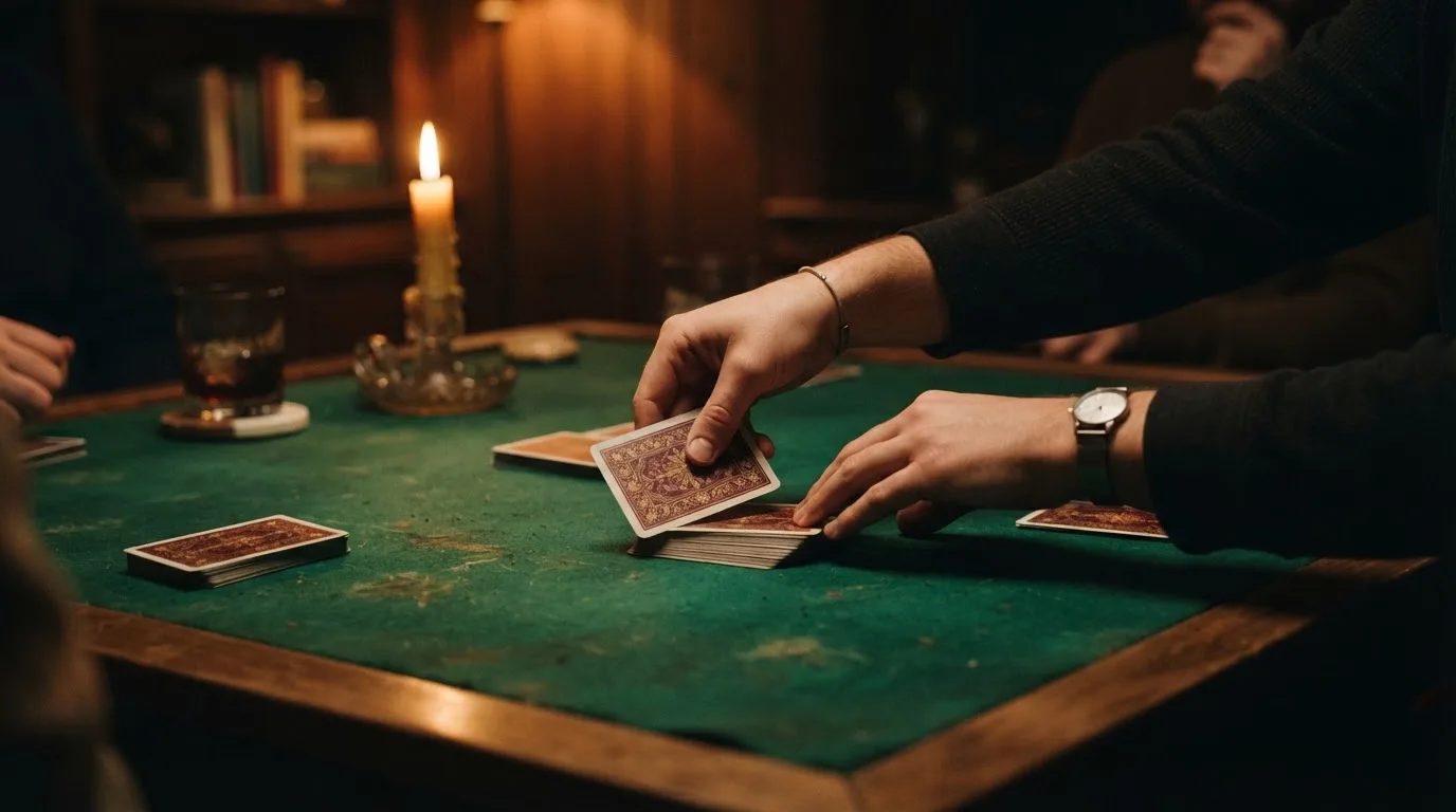 Hænder deler kort ud på et grønt filtbord i et hyggeligt rum, med et stearinlys i baggrunden.