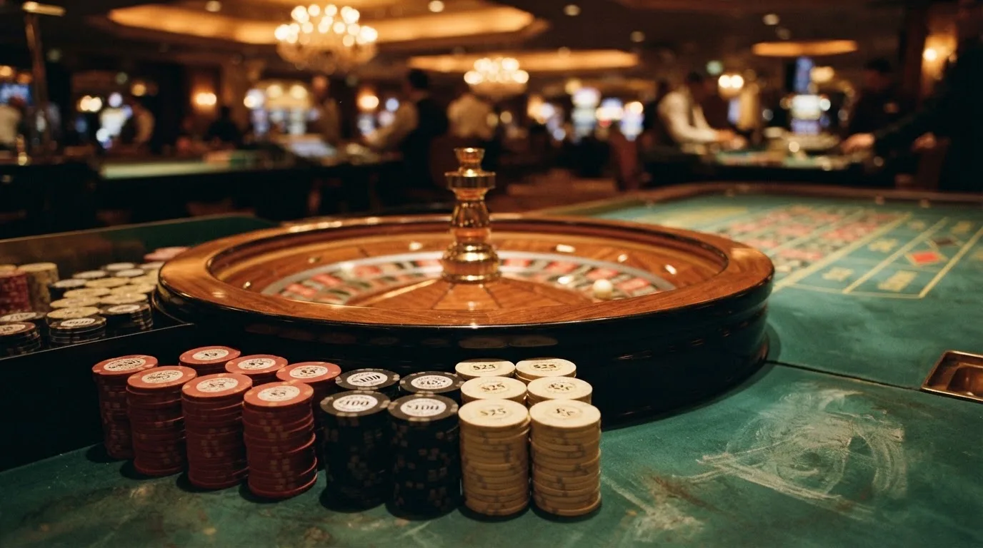 Roulettehjul og spillemærker på grønt filt i varmt aftenlys — casino uden dansk licens
