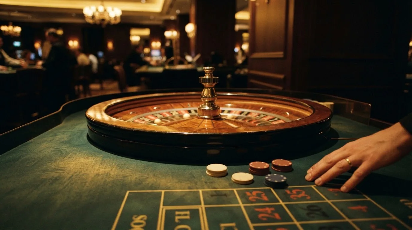 Roulettehjul og spillemærker på grønt filt i varmt aftenlys — dansk live roulette