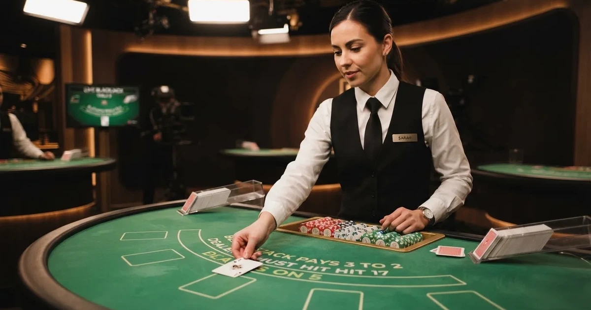 En dealer i hvid skjorte og vest står bag et grønt bord i et professionelt studie og vender et kort, set lidt fra siden.