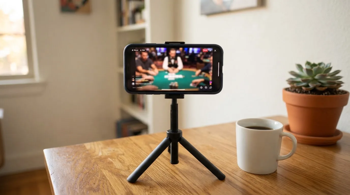 En smartphone på et stativ viser en uskarp videostream af et spillebord, mens en kaffekop står ved siden af på et skrivebord.