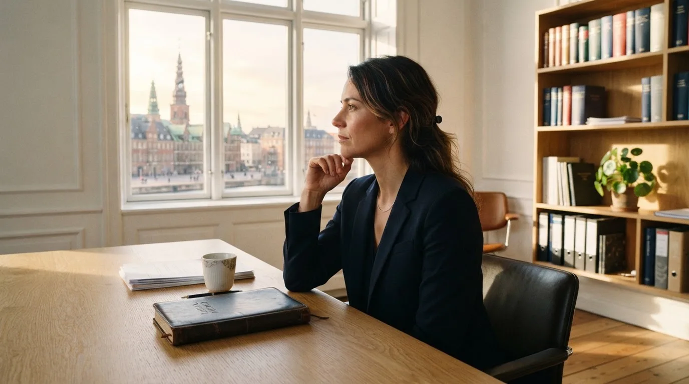 Jurist sidder ved et skrivebord i et lyst københavnsk kontor med reol, kaffekop og store vinduer og kigger eftertænksomt ud.