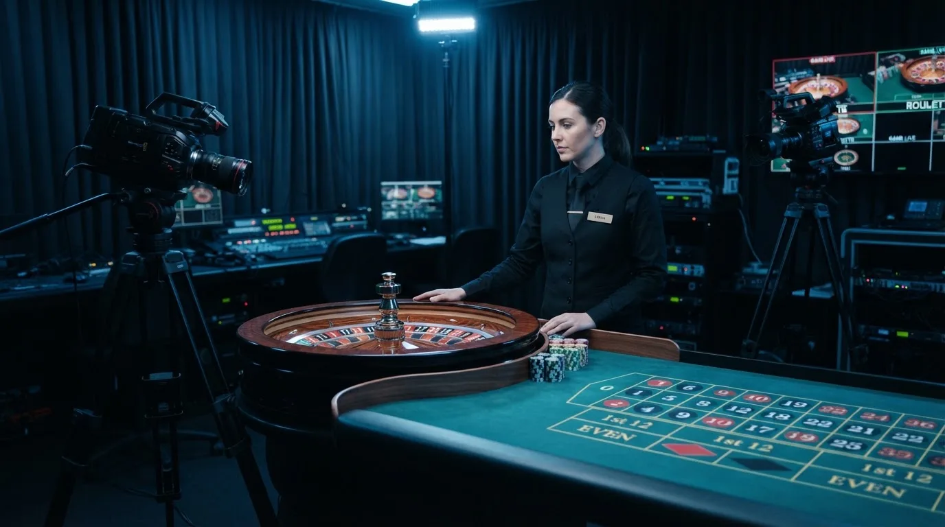 Kameraer på stativer og et roulettehjul midt i et mørkt livecasino-studie med en dealer i uniform, set fra siden i blåligt lys.