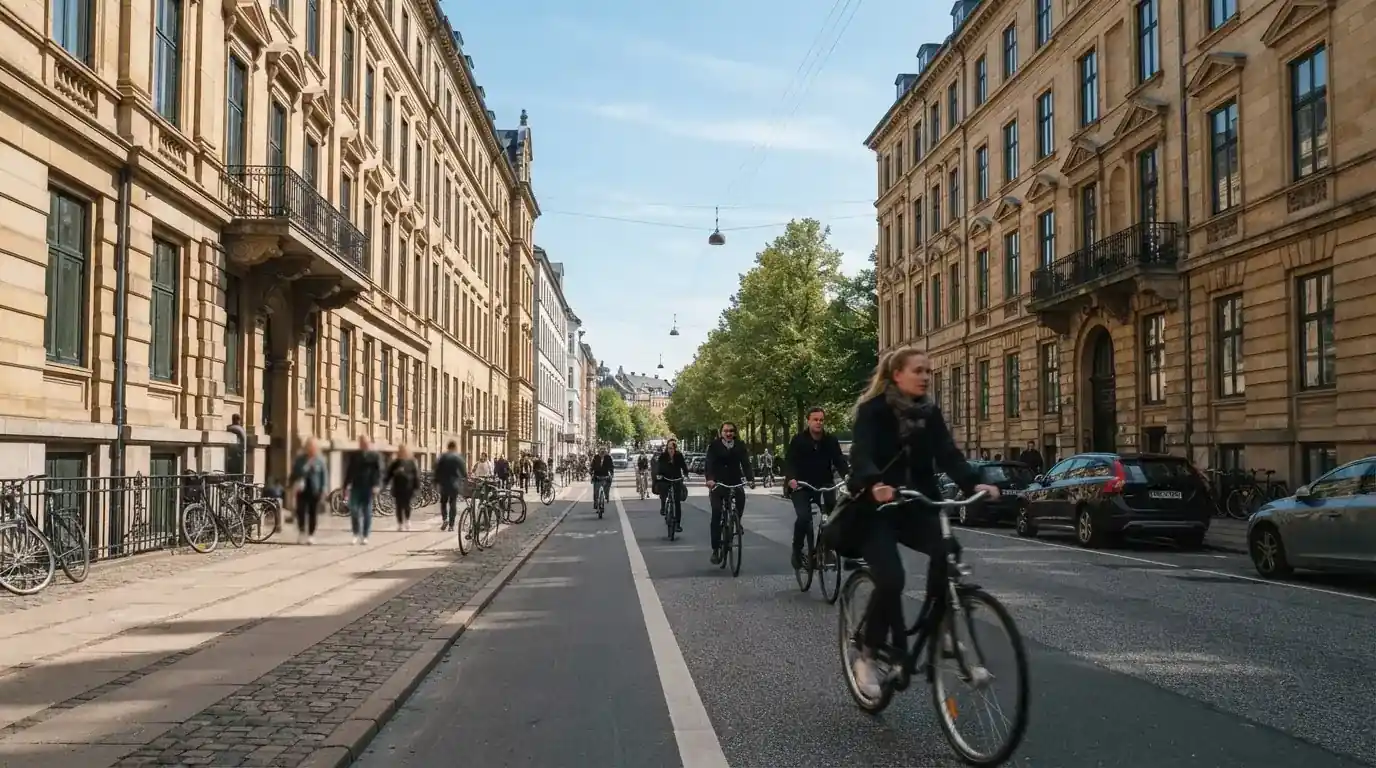Københavnsk gade med klassiske sandstensbygninger og cyklister i klart vejr, set fra fortovet.