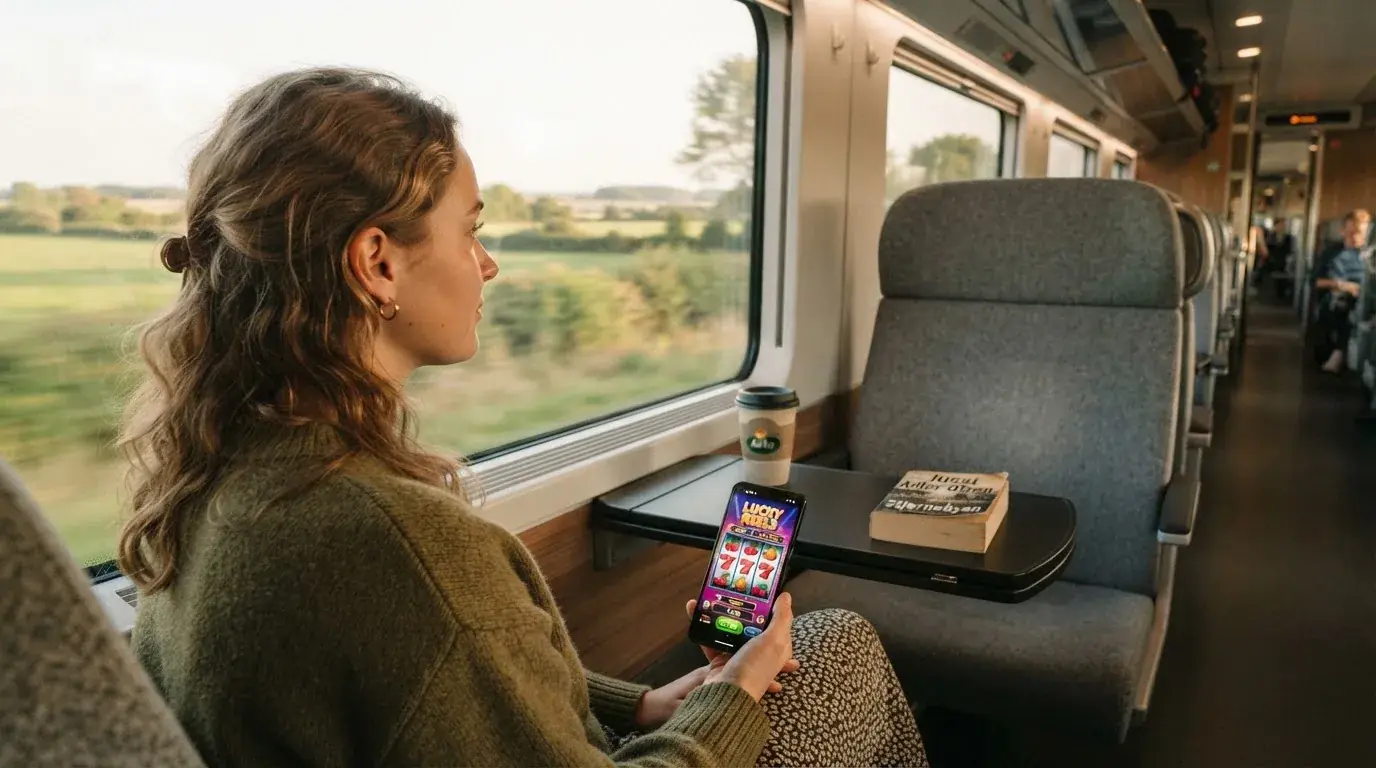 Kvinde på toget ser ud ad vinduet med mobilen i hånden, mens landskabet suser forbi i eftermiddagslys.